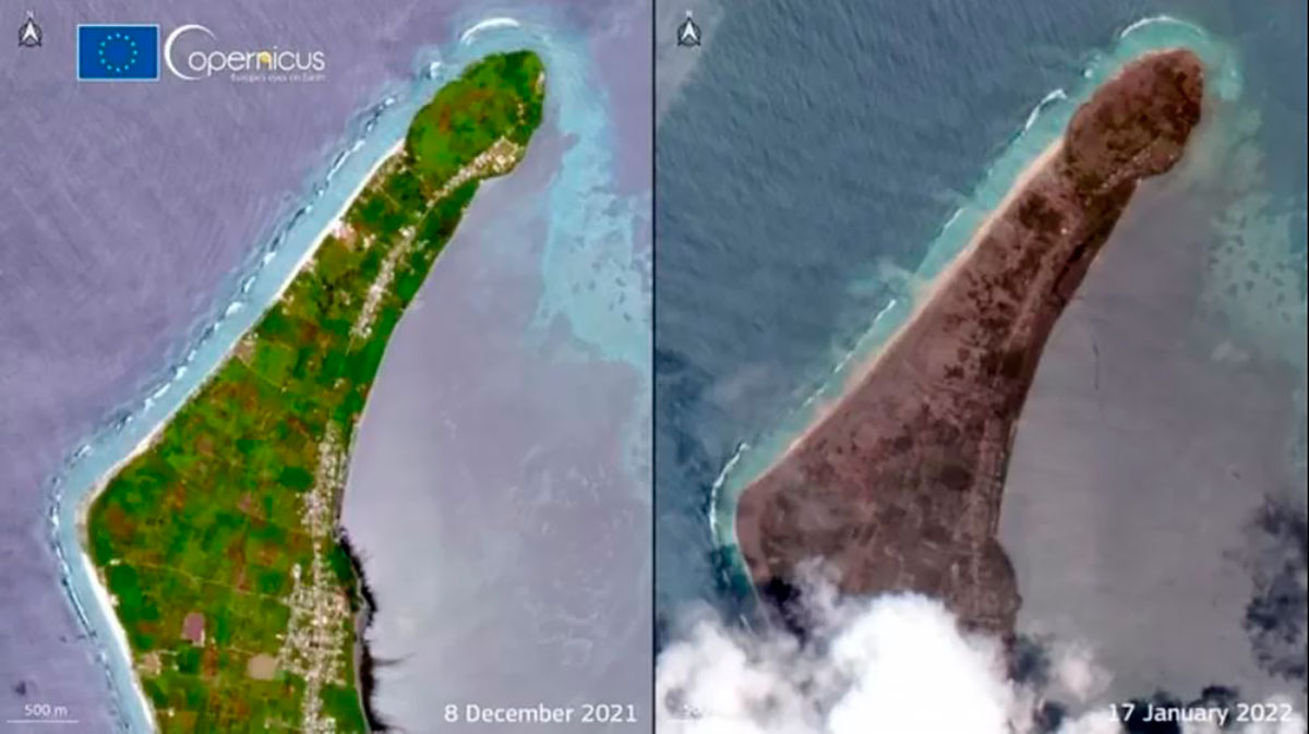 Imágenes satelitales muestran la ceniza volcánica sobre las islas de Tonga.