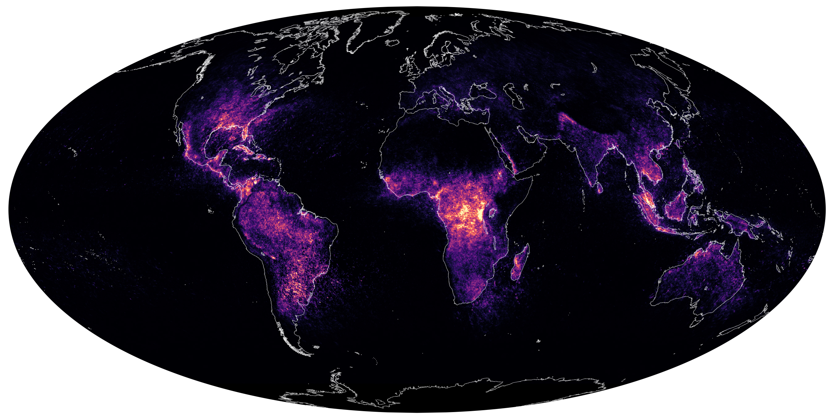 Mapa de los rayos en la Tierra