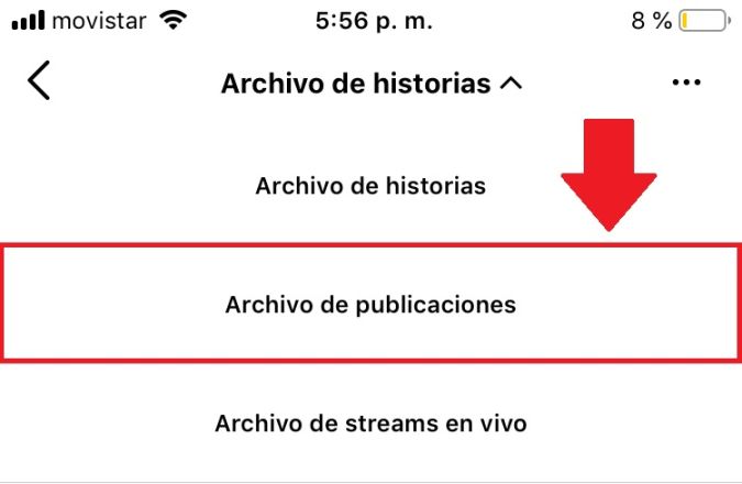 Captura de pantalla de Instagram mostrando las opciones de archivo que existen en Instagram