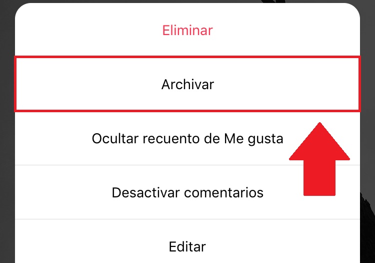 Captura de pantalla mostrando la opción "Archivar" en Instagram.