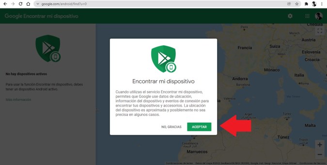 Captura de pantalla de "encontrar mi dispositivo" en Chrome
