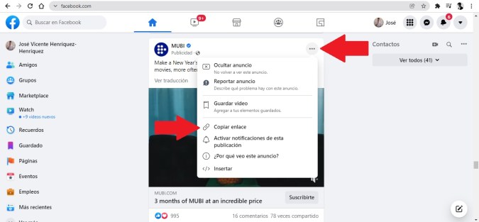 Captura de pantalla del inicio de Facebook mostrando un video