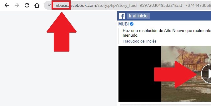 Captura de pantalla de Facebook mostrando un video en una versión más simple