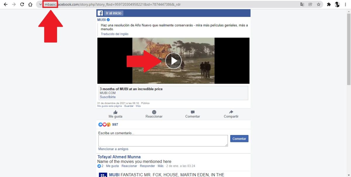 Screenshot of Facebook showing a video in a simpler version