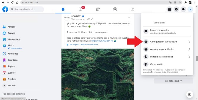 Captura de pantalla de la página de inicio de Facebook.