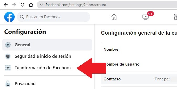 Captura de pantalla de la página de configuración general de Facebook.
