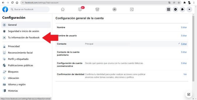 Captura de pantalla de la página de configuración general de Facebook.