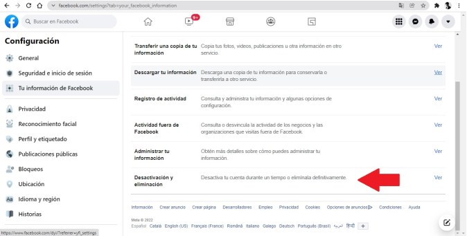 Captura de pantalla mostrando la opción de eliminación de la cuenta de Facebook