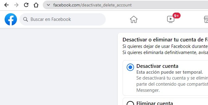 Captura de pantalla del menú de eliminación de Facebook