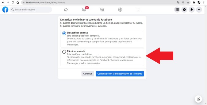Captura de pantalla del menú de eliminación de Facebook