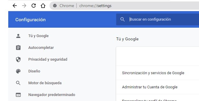 Captura de pantalla de la página de configuración de Google Chrome