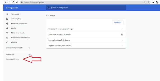 Captura de pantalla de la página de configuración de Google Chrome
