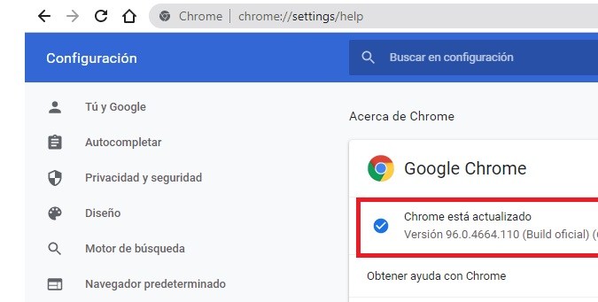 Captura de pantalla de la versión de Google Chrome
