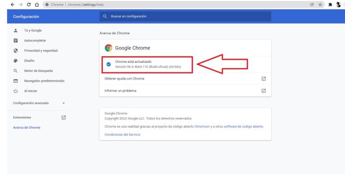 Captura de pantalla de la versión de Google Chrome