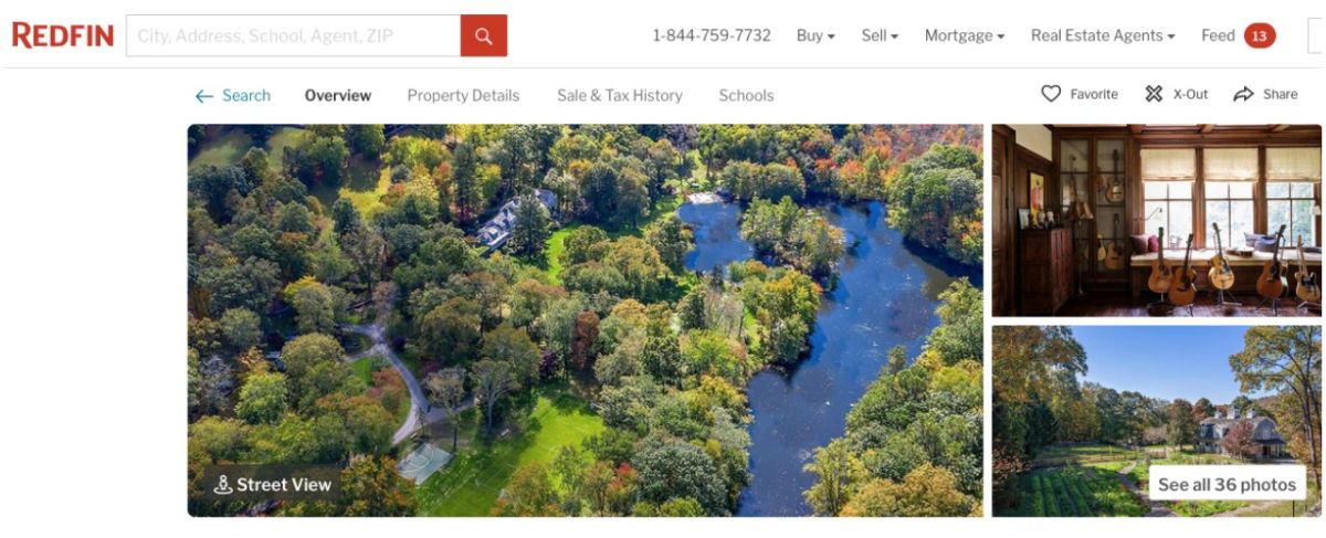 La mansión de Richard Gere cuenta con un estanque privado y con muy extensas áreas verdes (Redfin)