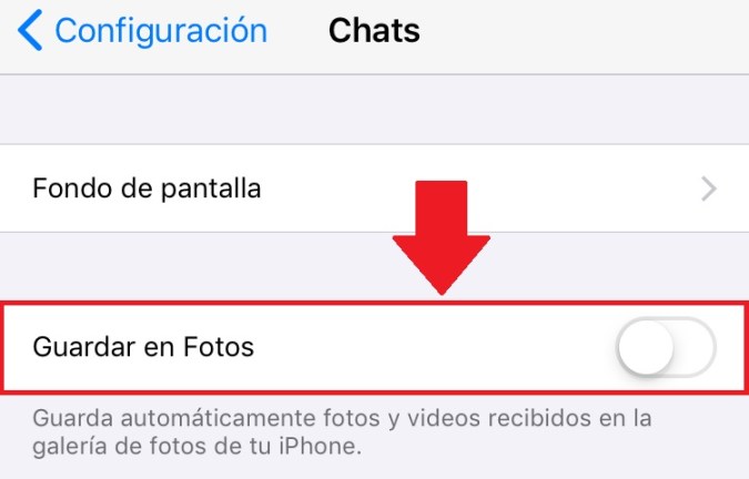 Captura de pantalla de la configuración de los chats de WhatsApp.