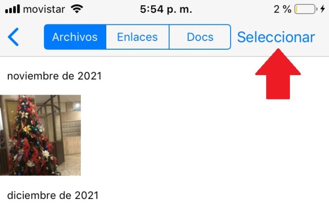 Captura de pantalla mostrando los archivos acumulados en un chat de WhatsApp