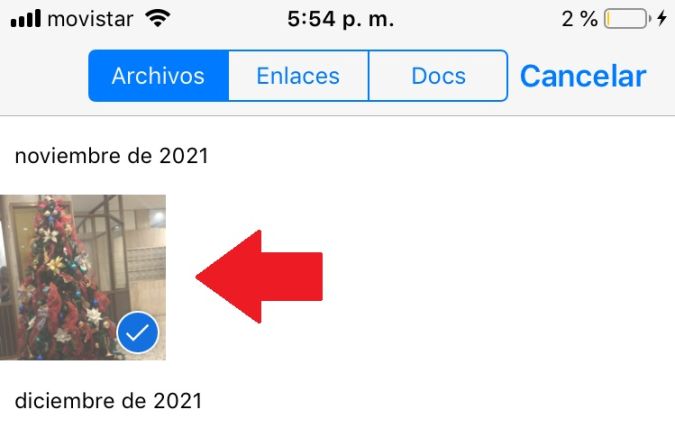 Captura de pantalla mostrando los archivos acumulados en un chat de WhatsApp seleccionados