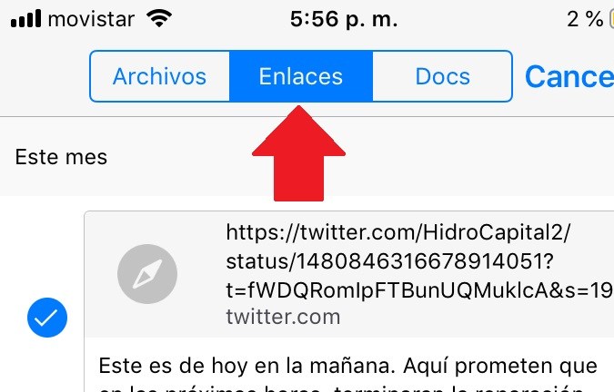 Captura de pantalla de la pestaña de enlaces acumulados en un grupo de WhatsApp