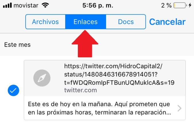 Captura de pantalla de la pestaña de enlaces acumulados en un grupo de WhatsApp