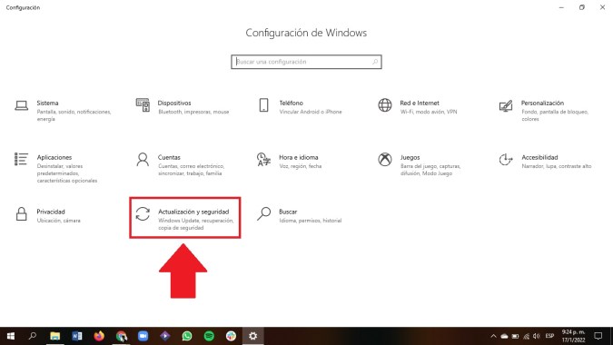 Captura de pantalla mostrando el menú de configuración de Windows 10