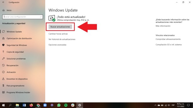 Captura de pantalla del menú de actualización de Windows Update en Windows 10.