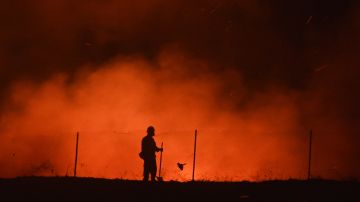 Firefighters position in a residential area and monitor flames climbing a ridge toward homes at the Blue Ridge Fire in Yorba Linda, California, October 26, 2020. - Some 60,000 people fled their homes near Los Angeles on October 26 as a fast-spreading wildfire raged across more than 7,200 acres (3,000 hectares), blocking key roadways and critically injuring two firefighters. The so-called Silverado Fire erupted early in the morning in the foothills of Irvine, about 37 miles (60 kilometers) southeast of Los Angeles, and quickly spread with no containment, fueled by dry conditions and erratic winds that prevented firefighting aircraft from flying. (Photo by Robyn Beck / AFP) (Photo by ROBYN BECK/AFP via Getty Images)