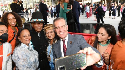 LOS ANGELES, CALIFORNIA - SEPTEMBER 30: Tongya Spiritual Leader, Jimi Castillo (4rd L), Tongva community leader Virginia Carmelo (C) and Los Angeles City Mayor, Eric Garcetti attend the Official Ribbon Cutting Of The Opening Of The Academy Museum Of Motion Pictures at Academy Museum of Motion Pictures on September 30, 2021 in Los Angeles, California. (Photo by JC Olivera/Getty Images)