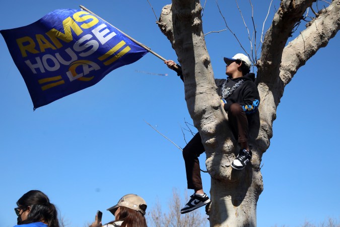 LOS ANGELES, CALIFORNIA - FEBRUARY 16: A fan waves a flag from a tree during the Los Angeles Rams Super Bowl LVI victory rally on February 16, 2022 in Los Angeles, California. (Photo by Katelyn Mulcahy/Getty Images)