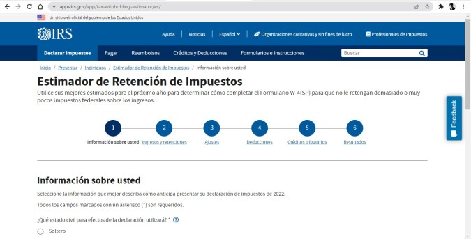 Captura de pantalla del estimador de impuestos del IRS