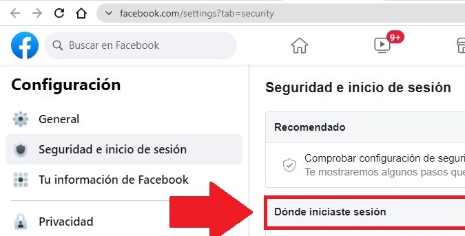 Captura de pantalla de la página de configuración de seguridad e inicio de sesión de Facebook