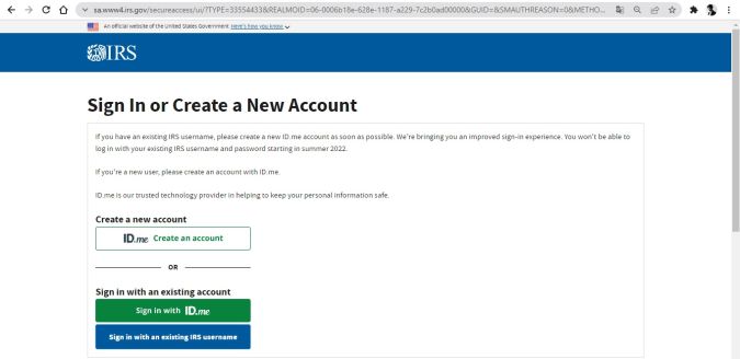 Captura de pantalla de la página de inicio para acceder a una cuenta individual del IRS.