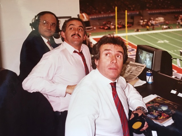 Von Rossum (left) with Espinosa and Joaquín Castillo at another Super Bowl with TV Azteca. /Photo: FVR
