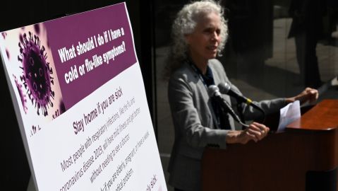 Los Angeles County Public Health director Barbara Ferrer speaks at a press conference on the novel COVID-19 (coronavirus), March 6, 2020 in Los Angeles, California. - Ferrer said that two more cases of coronavirus has been confirmed in Los Angeles County, with one of the new paitents being another person who was doing medicial screenings at Los Angeles International Airport. (Photo by Robyn Beck / AFP) (Photo by ROBYN BECK/AFP via Getty Images)