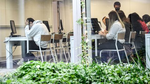 Students attend a course in a classroom at the Orsay Mathematic Institute unit at the Paris-Saclay University in Saclay, on the outskirts of Paris, on September 17, 2021. (Photo by ALAIN JOCARD / AFP) (Photo by ALAIN JOCARD/AFP via Getty Images)