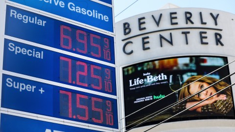 LOS ANGELES, CALIFORNIA - MARCH 07: High gas prices are displayed at a Mobil station across the street from the Beverly Center on March 7, 2022 in Los Angeles, California. The average price of one gallon of regular self-service gasoline rose to a record $5.429 yesterday in Los Angeles County amid the Russian invasion of Ukraine. (Photo by Mario Tama/Getty Images)