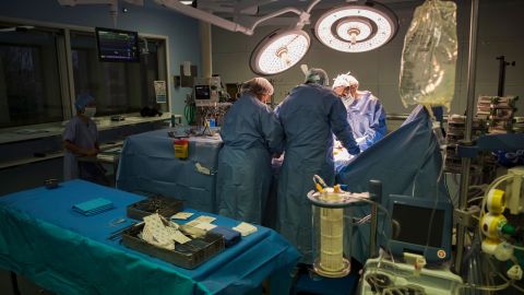 In this photograph taken on December 18, 2017, seven year old French child Anais, undergoes heart surgery to cure a congenital Atrial septal defect, at an operating theatre at The Marie Lannelongue Hospital at Le Plessis-Robinson south of Paris. The intervention is being undertaken by a Pediatric Cardiothoracic Surgery team of the hospital in Le Plessis-Robinson which specialises in thoracic and cardiovascular surgeries, and congenital heart diseases. / AFP PHOTO / THOMAS SAMSON (Photo credit should read THOMAS SAMSON/AFP via Getty Images)