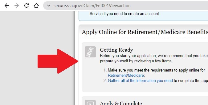 Captura de pantalla de la página de solicitud de beneficios de la SSA