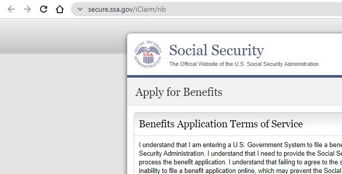 Captura de pantalla de la página de solicitud de beneficios de la SSA.