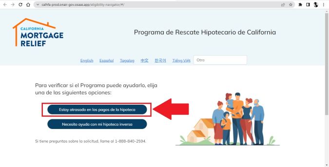 Captura de la página oficial del Programa de Rescate Hipotecario de California.