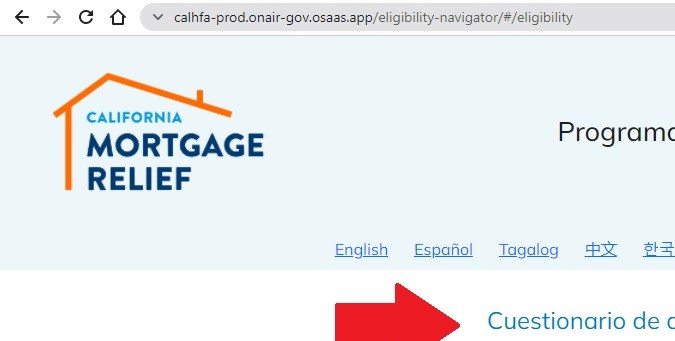 Captura de la página oficial del Programa de Rescate Hipotecario de California.