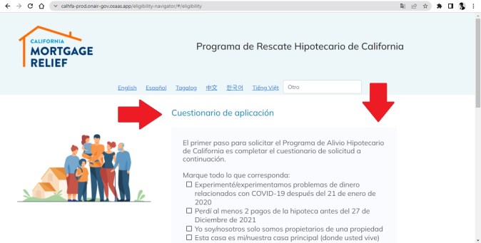 Captura de la página oficial del Programa de Rescate Hipotecario de California.