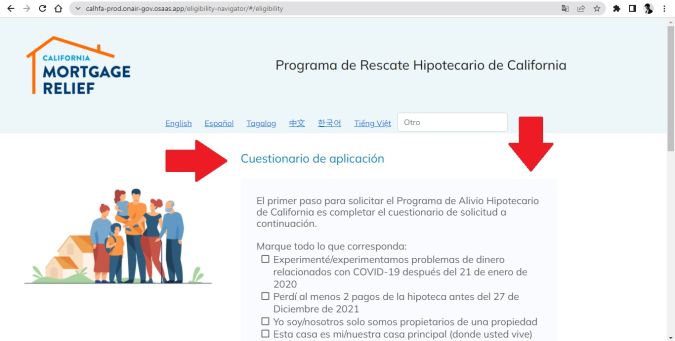 Captura de la página oficial del Programa de Rescate Hipotecario de California.