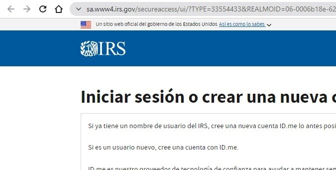 Captura de la página de inicio de sesión del sistema ID.me del IRS de Estados Unidos.