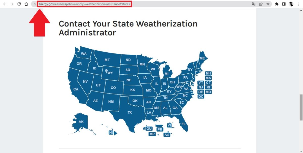 Captura de pantalla del sitio web oficial del Departamento de Energía de los Estados Unidos (DOE) que muestra el mapa de estados donde se otorga el programa WAP.