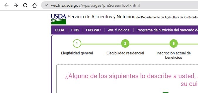 Captura de pantalla de la herramienta para aplicar al programa WIC de la USDA.