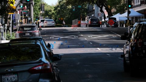 SACRAMENTO, CALIFORNIA APRIL 03: Police markers are placed in the street on the corner of 10th and L street at the scene of a shooting that occurred in the early morning hours on April 3, 2022 in Sacramento, California. Six people were killed and at least 10 were injured in the mass shooting in downtown Sacramento with no suspects in custody. (Photo by David Odisho/Getty Images)