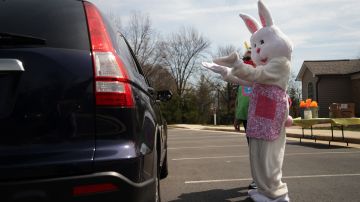 ALEXANDRIA, VIRGINIA - MARCH 27: A person dressed as an Easter Bunny greets children in a vehicle during a Bunny Drive-Thru event outside Kingstowne Snyder Fitness Center March 27, 2021 in Alexandria, Virginia. Kingstowne Residential Owners Corporation held the community event instead of the usual annual egg hunt for neighborhood children to celebrate Easter in a safer environment under the COVID-19 pandemic. (Photo by Alex Wong/Getty Images)