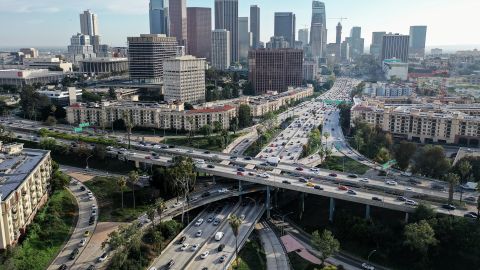 LOS ANGELES, CALIFORNIA - APRIL 04: An aerial view of vehicles driving near downtown during the afternoon commute on April 4, 2022 in Los Angeles, California. The third installment of the sixth United Nations (UN) Intergovernmental Panel on Climate Change report casts a dire warning for the future of climate change with the world on track to expend its remaining ‘climate budget’ by the year 2030 at the current rate of carbon emissions. (Photo by Mario Tama/Getty Images)