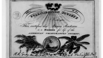 Certificado de membresía en la Sociedad Americana de Colonización creada en 1816 y compuesta por hombres blancos.
